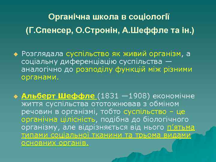 Органічна школа в соціології (Г. Спенсер, О. Стронін, А. Шеффле та ін. ) u