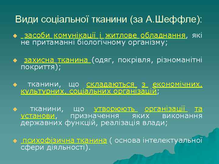 Види соціальної тканини (за А. Шеффле): u засоби комунікації і житлове обладнання, які не