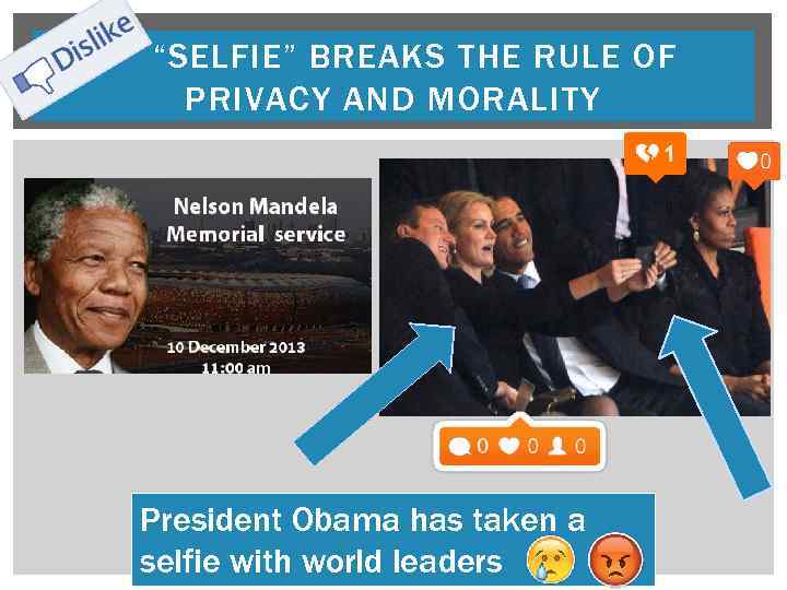 “SELFIE” BREAKS THE RULE OF PRIVACY AND MORALITY President Obama has taken a selfie