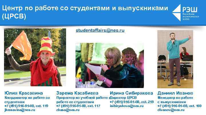 Центр по работе со студентами и выпускниками (ЦРСВ) studentaffairs@nes. ru Юлия Красавина Зарема Касабиева