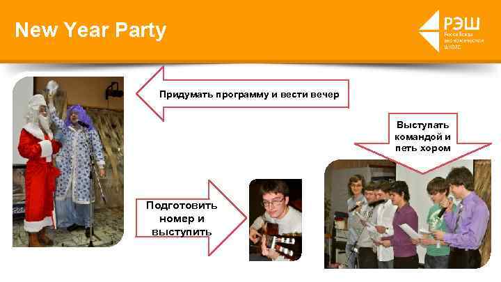 New Year Party Придумать программу и вести вечер Выступать командой и петь хором Подготовить