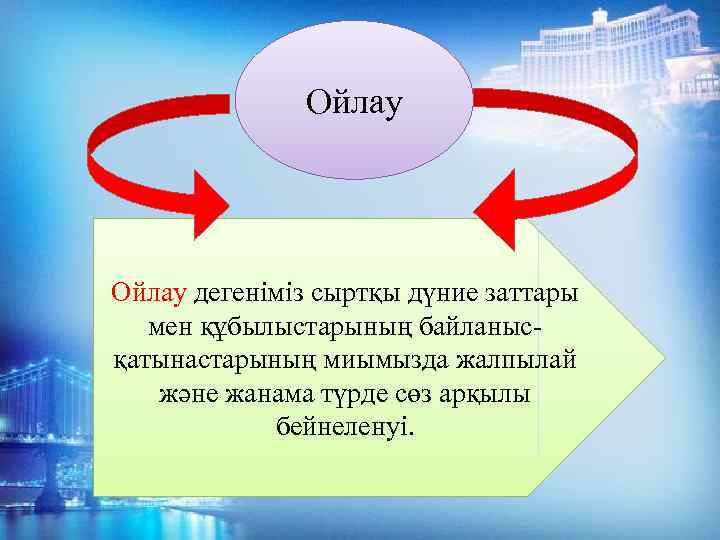 Ойлау дегеніміз сыртқы дүние заттары мен құбылыстарының байланысқатынастарының миымызда жалпылай және жанама түрде сөз