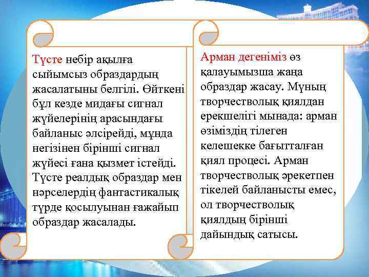 Түсте небір ақылға сыйымсыз образдардың жасалатыны белгілі. Өйткені бұл кезде мидағы сигнал жүйелерінің арасындағы