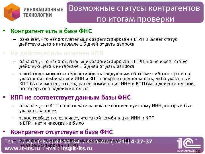 Возможные статусы контрагентов по итогам проверки • Контрагент есть в базе ФНС – означает,