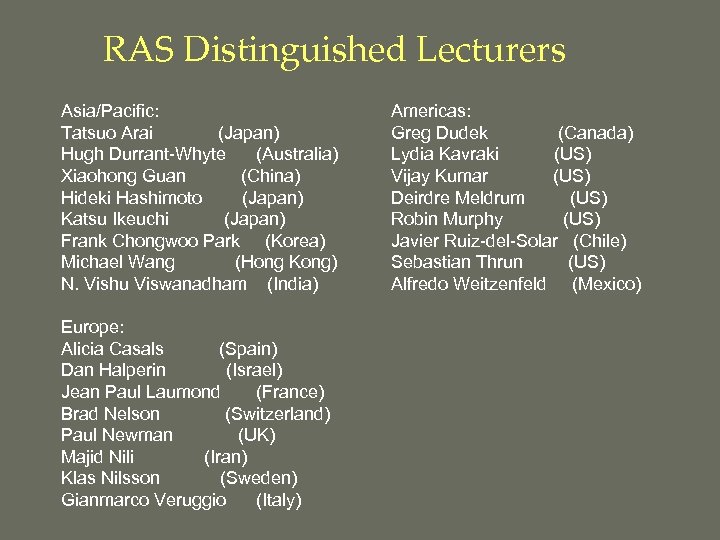 RAS Distinguished Lecturers Asia/Pacific: Tatsuo Arai (Japan) Hugh Durrant-Whyte (Australia) Xiaohong Guan (China) Hideki