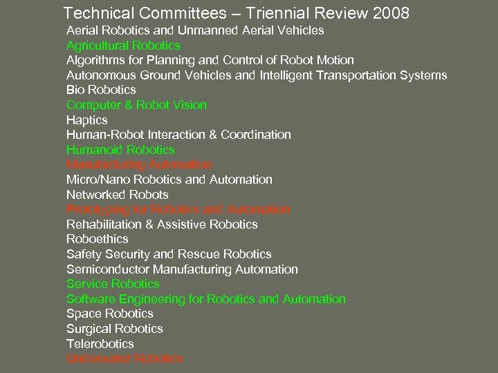 Technical Committees – Triennial Review 2008 Aerial Robotics and Unmanned Aerial Vehicles Agricultural Robotics