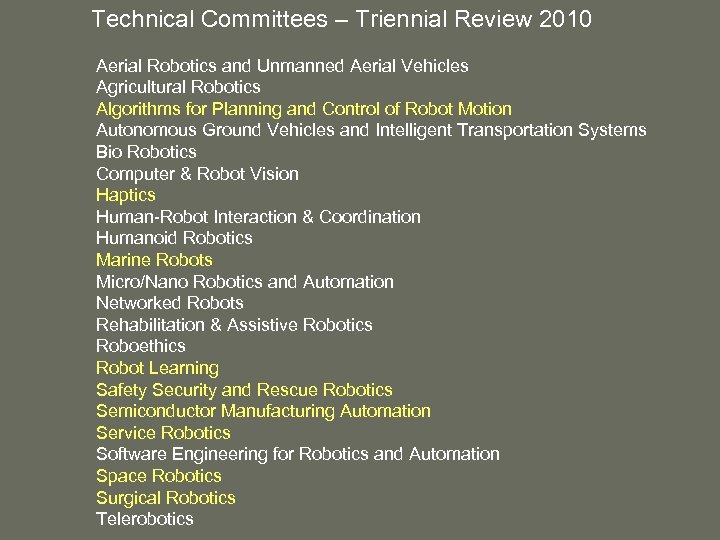 Technical Committees – Triennial Review 2010 Aerial Robotics and Unmanned Aerial Vehicles Agricultural Robotics