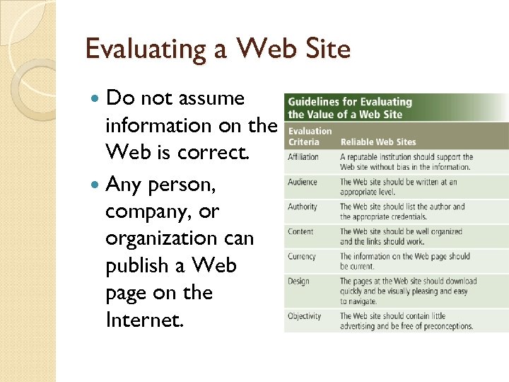 Evaluating a Web Site Do not assume information on the Web is correct. Any