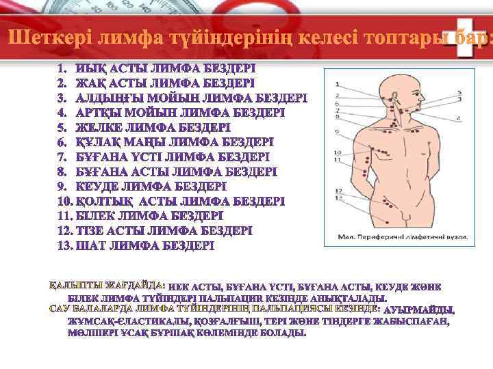 Шеткері лимфа түйіндерінің келесі топтары бар: ҚАЛЫПТЫ ЖАҒДАЙДА: САУ БАЛАЛАРДА ЛИМФА ТҮЙІНДЕРІНІҢ ПАЛЬПАЦИЯСЫ КЕЗІНДЕ: