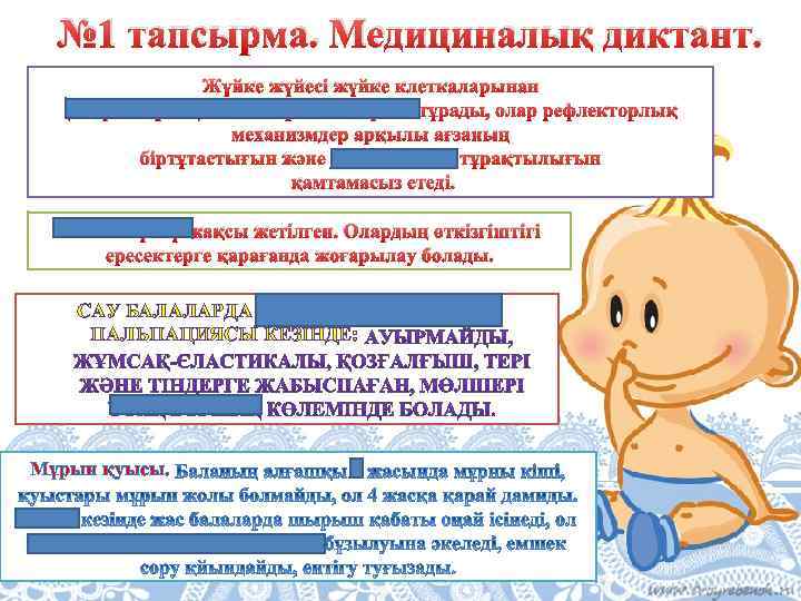 № 1 тапсырма. Медициналық диктант. Жүйке жүйесі жүйке клеткаларынан (нейрондардан)және нейролгиялардан тұрады, олар рефлекторлық