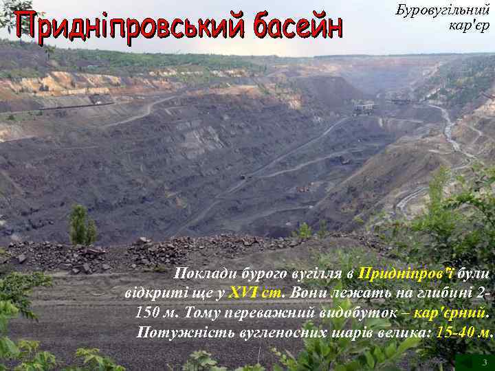 Буровугільний кар'єр Поклади бурого вугілля в Придніпров'ї були відкриті ще у ХVІ ст. Вони