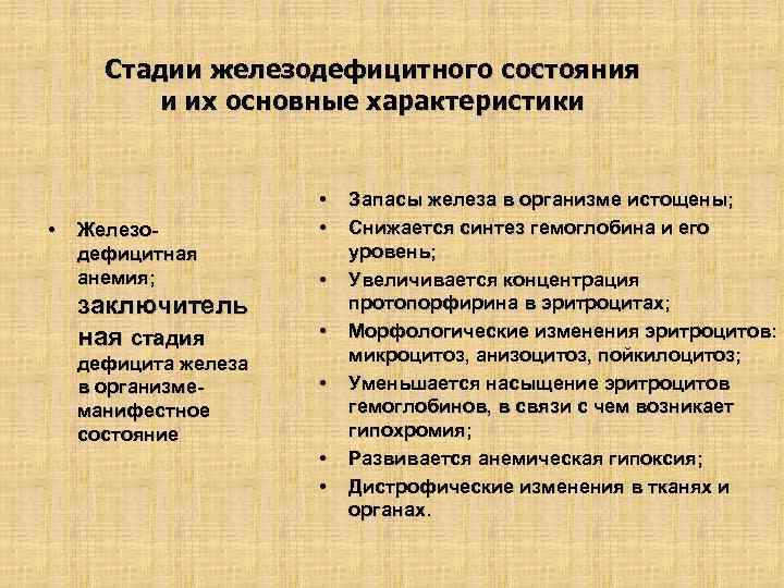 Стадии железодефицитного состояния и их основные характеристики • Железодефицитная анемия; заключитель ная стадия дефицита