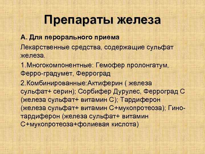 Препараты железа А. Для перорального приема Лекарственные средства, содержащие сульфат железа. 1. Многокомпонентные: Гемофер