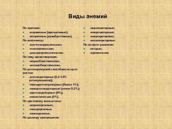 Виды анемий По причине: n -первичные (врождённые); n -вторичные (приобретённые). По патогенезу: n -постгеморрагические;