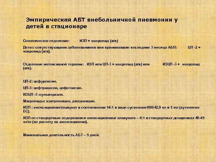 Эмпирическая АБТ внебольничной пневмонии у детей в стационаре Соматическое отделение: ИЗП + макролид (в/в)