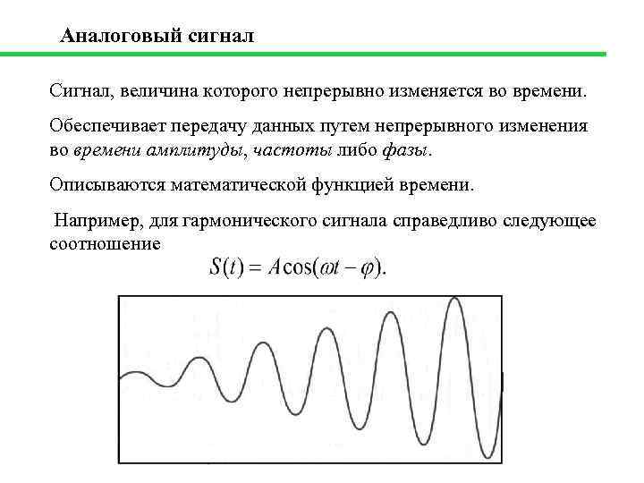 Аналоговый сигнал Сигнал, величина которого непрерывно изменяется во времени. Обеспечивает передачу данных путем непрерывного