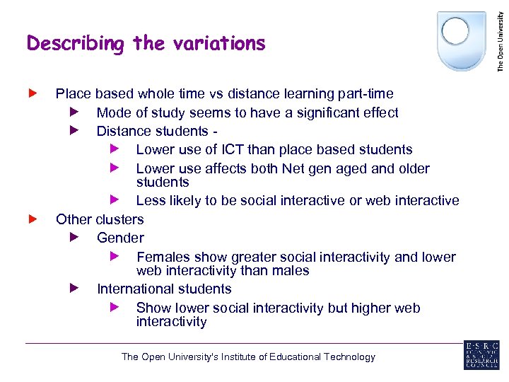 Describing the variations Place based whole time vs distance learning part-time Mode of study