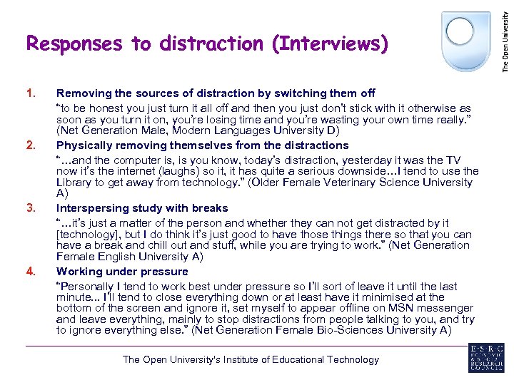 Responses to distraction (Interviews) 1. 2. 3. 4. Removing the sources of distraction by