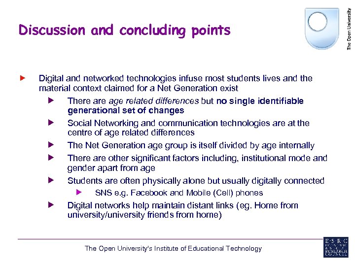 Discussion and concluding points Digital and networked technologies infuse most students lives and the