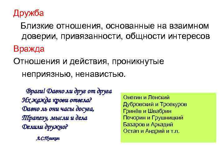 Дружба Близкие отношения, основанные на взаимном доверии, привязанности, общности интересов Вражда Отношения и действия,