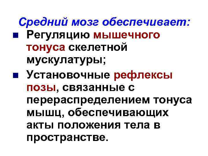 Средний мозг обеспечивает: n Регуляцию мышечного тонуса скелетной мускулатуры; n Установочные рефлексы позы, связанные