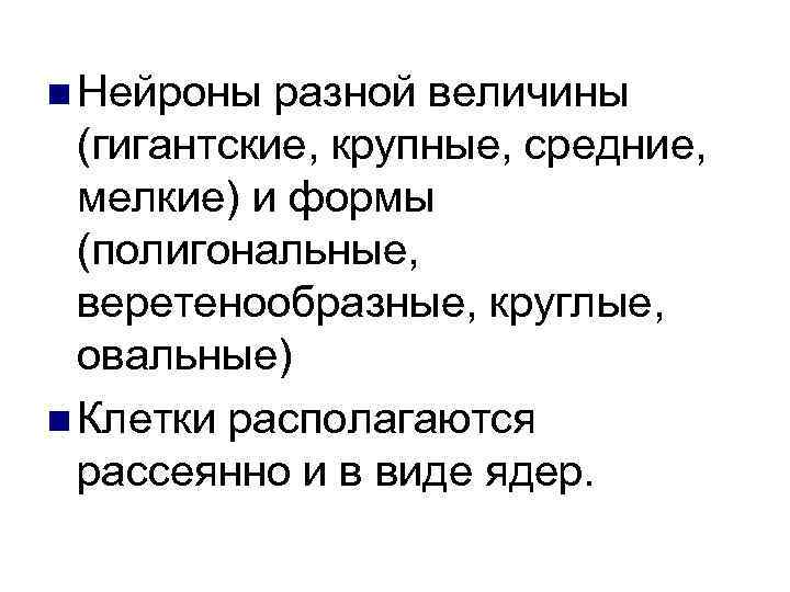 n Нейроны разной величины (гигантские, крупные, средние, мелкие) и формы (полигональные, веретенообразные, круглые, овальные)