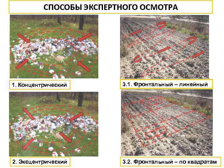 СПОСОБЫ ЭКСПЕРТНОГО ОСМОТРА 1. Концентрический 3. 1. Фронтальный – линейный 2. Эксцентрический 3. 2.