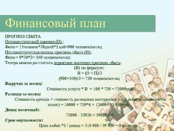 Финансовый план ПРОГНОЗ СБЫТА Оптимистический прогноз (О) : Фото = 15 человек*30 дней*2 каб=900