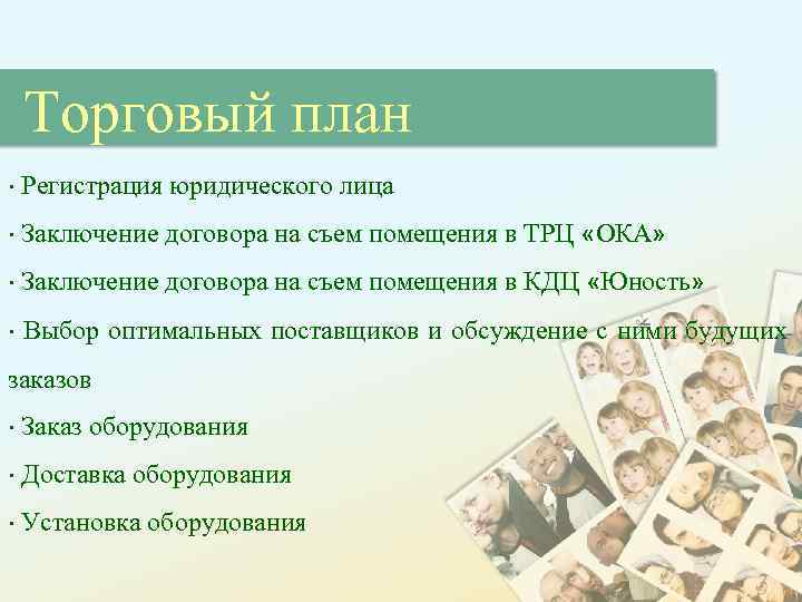 Торговый план · Регистрация юридического лица · Заключение договора на съем помещения в ТРЦ