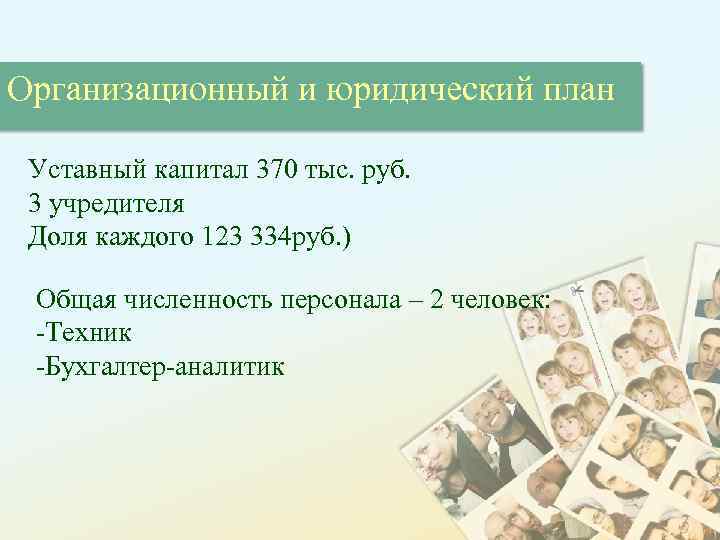 Организационный и юридический план Уставный капитал 370 тыс. руб. 3 учредителя Доля каждого 123