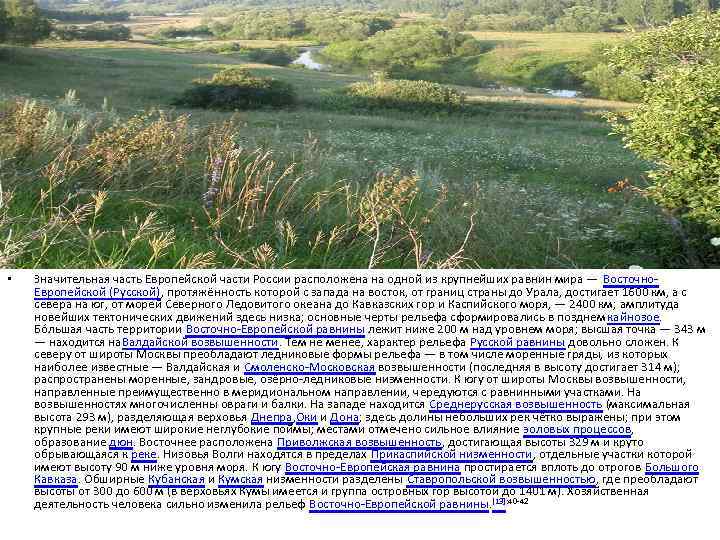  • Значительная часть Европейской части России расположена на одной из крупнейших равнин мира
