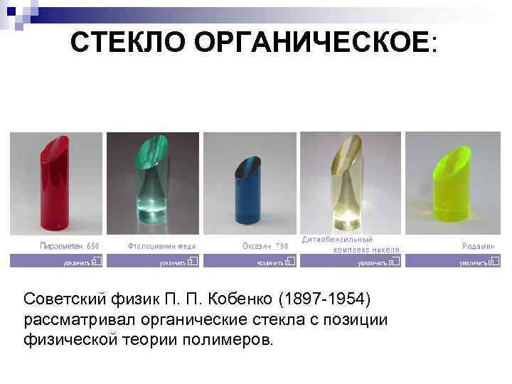 СТЕКЛО ОРГАНИЧЕСКОЕ: Советский физик П. П. Кобенко (1897 -1954) рассматривал органические стекла с позиции