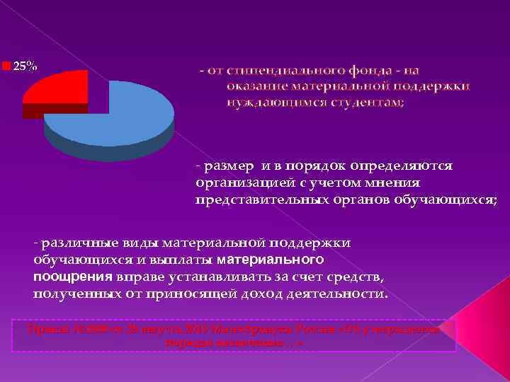 - от стипендиального фонда - на оказание материальной поддержки нуждающимся студентам; - размер и