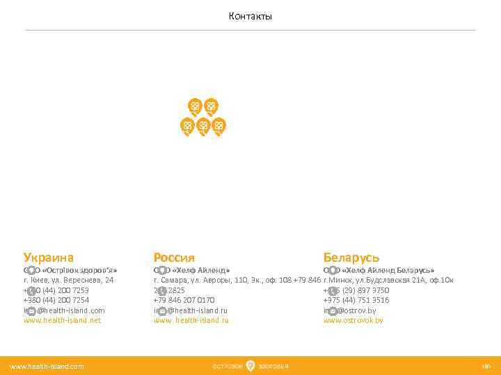 Контакты Украина ООО «Острівок здоров’я» г. Киев, ул. Вереснева, 24 +380 (44) 200 7253