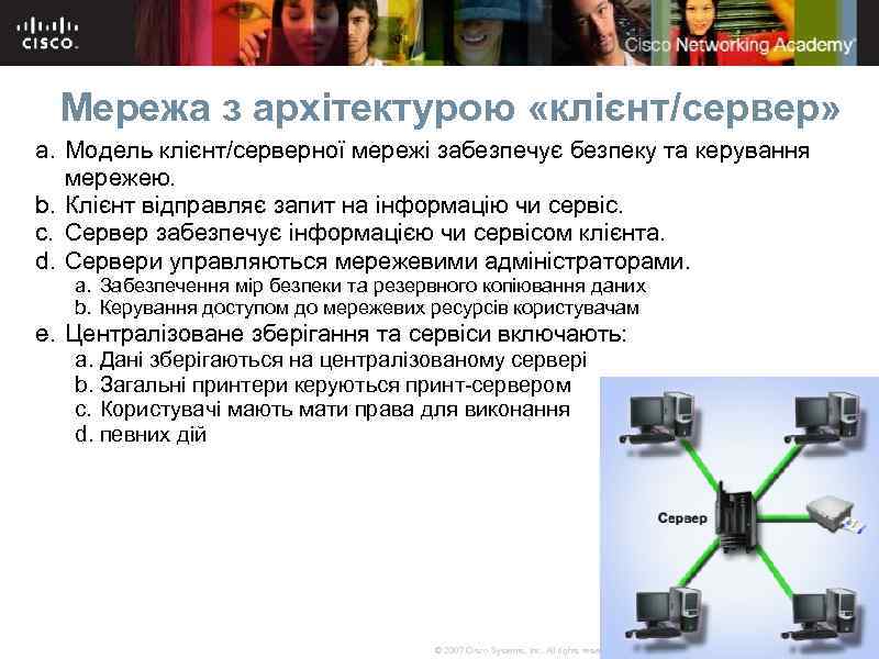 Мережа з архітектурою «клієнт/сервер» a. Модель клієнт/серверної мережі забезпечує безпеку та керування мережею. b.