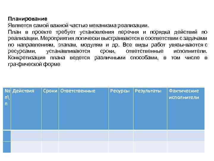 Планирование Является самой важной частью механизма реализации. План в проекте требует установления перечня и