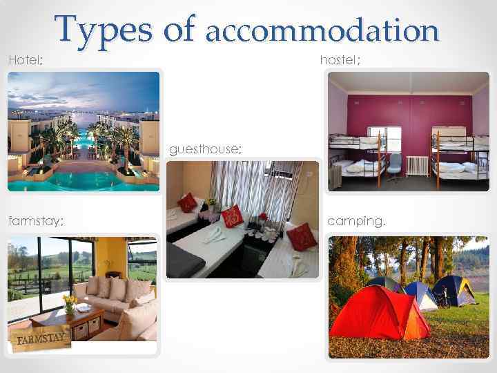 Hotel; Types of accommodation hostel; guesthouse; farmstay; camping. 