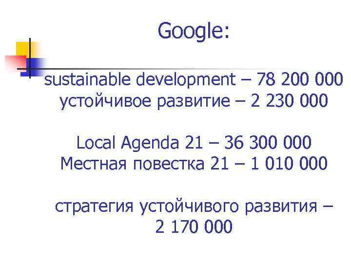 Google: sustainable development – 78 200 000 устойчивое развитие – 2 230 000 Local