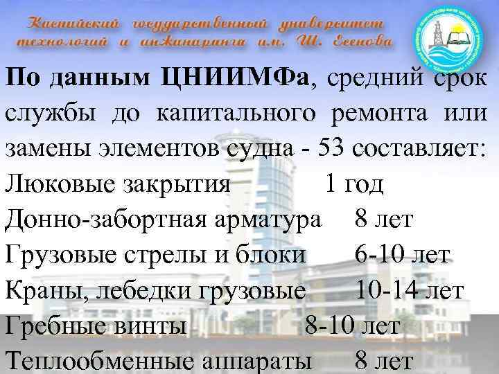 По данным ЦНИИМФа, средний срок службы до капитального ремонта или замены элементов судна -