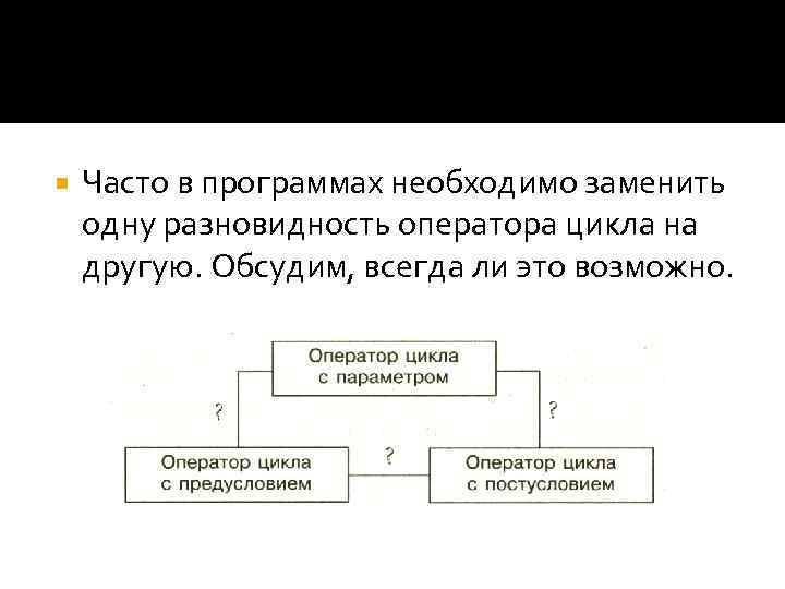  Часто в программах необходимо заменить одну разновидность оператора цикла на другую. Обсудим, всегда