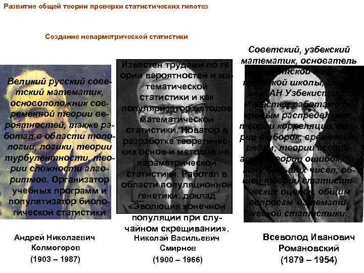 Развитие общей теории проверки статистических гипотез Создание непарметрической статистики Великий русский советский математик, основоположник