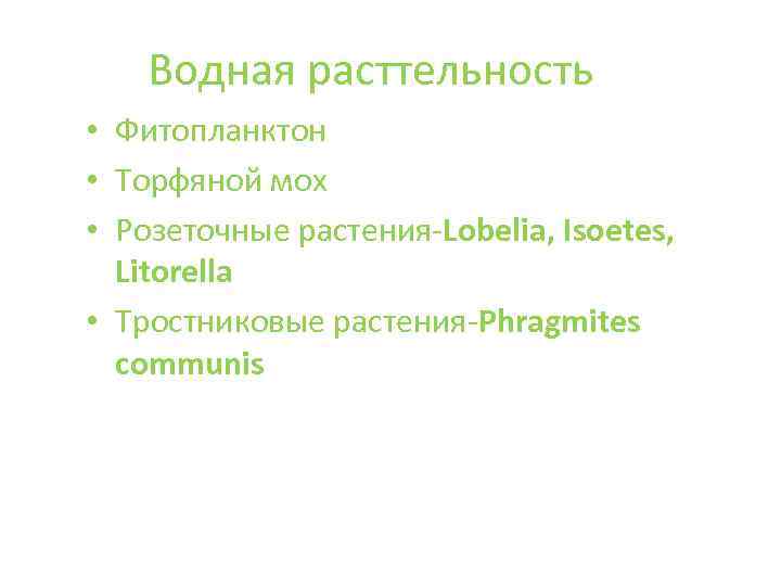Водная расттельность • Фитопланктон • Торфяной мох • Розеточные растения-Lobelia, Isoetes, Litorella • Тростниковые