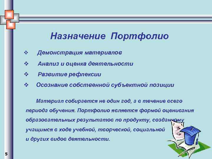 Назначение Портфолио v Демонстрация материалов v Анализ и оценка деятельности v Развитие рефлексии v