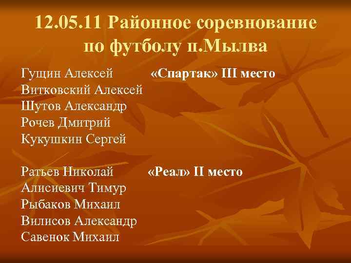 12. 05. 11 Районное соревнование по футболу п. Мылва Гущин Алексей «Спартак» III место