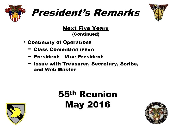 President’s Remarks Next Five Years (Continued) • Continuity of Operations − Class Committee issue