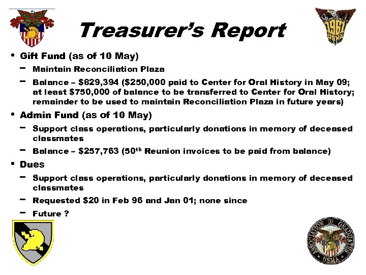 Treasurer’s Report • • • Gift Fund (as of 10 May) − − Maintain