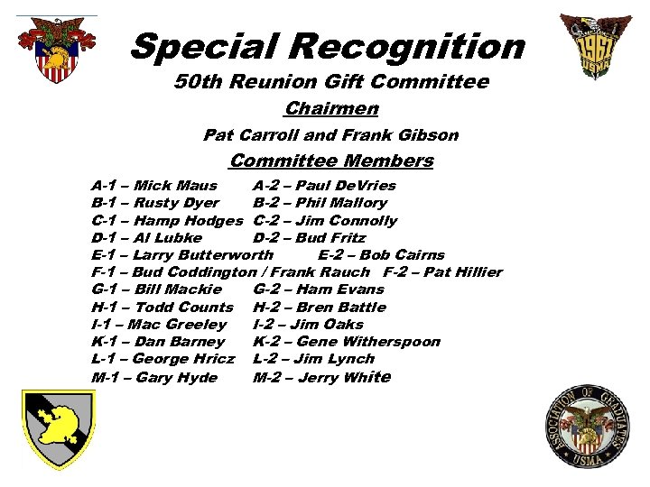 Special Recognition 50 th Reunion Gift Committee Chairmen Pat Carroll and Frank Gibson Committee