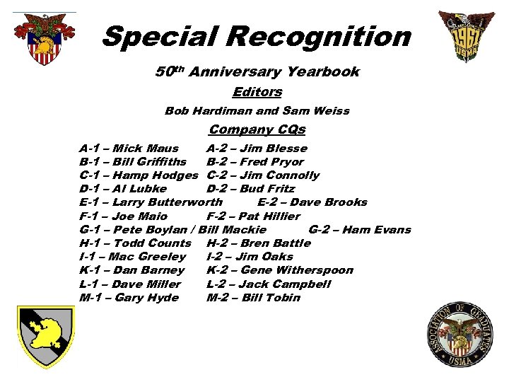 Special Recognition 50 th Anniversary Yearbook Editors Bob Hardiman and Sam Weiss Company CQs