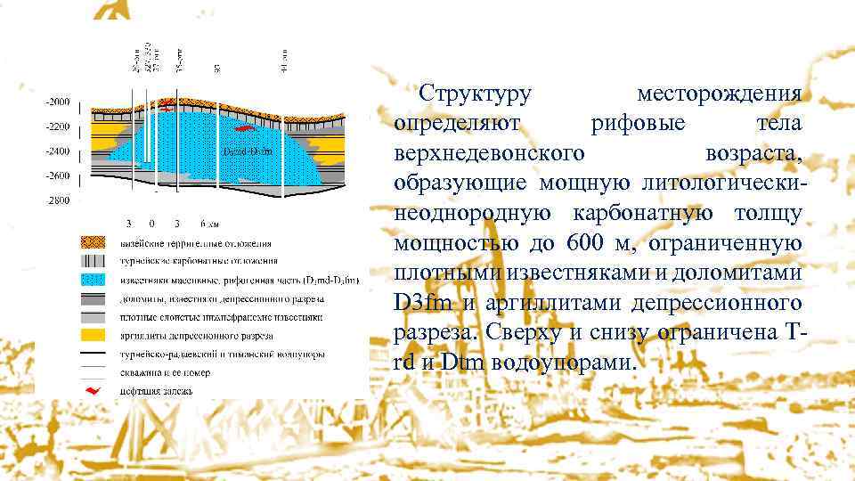 Объект гидрогеологических исследований Структуру месторождения определяют рифовые тела верхнедевонского возраста, образующие мощную литологическинеоднородную карбонатную