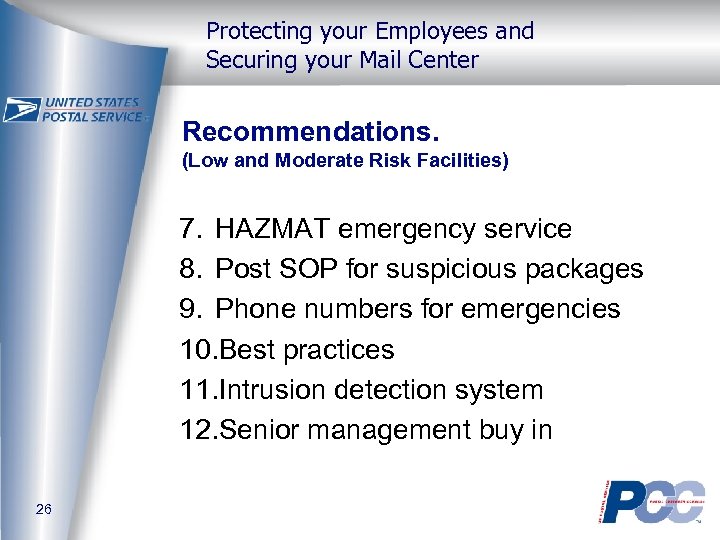 Protecting your Employees and Securing your Mail Center Recommendations. (Low and Moderate Risk Facilities)